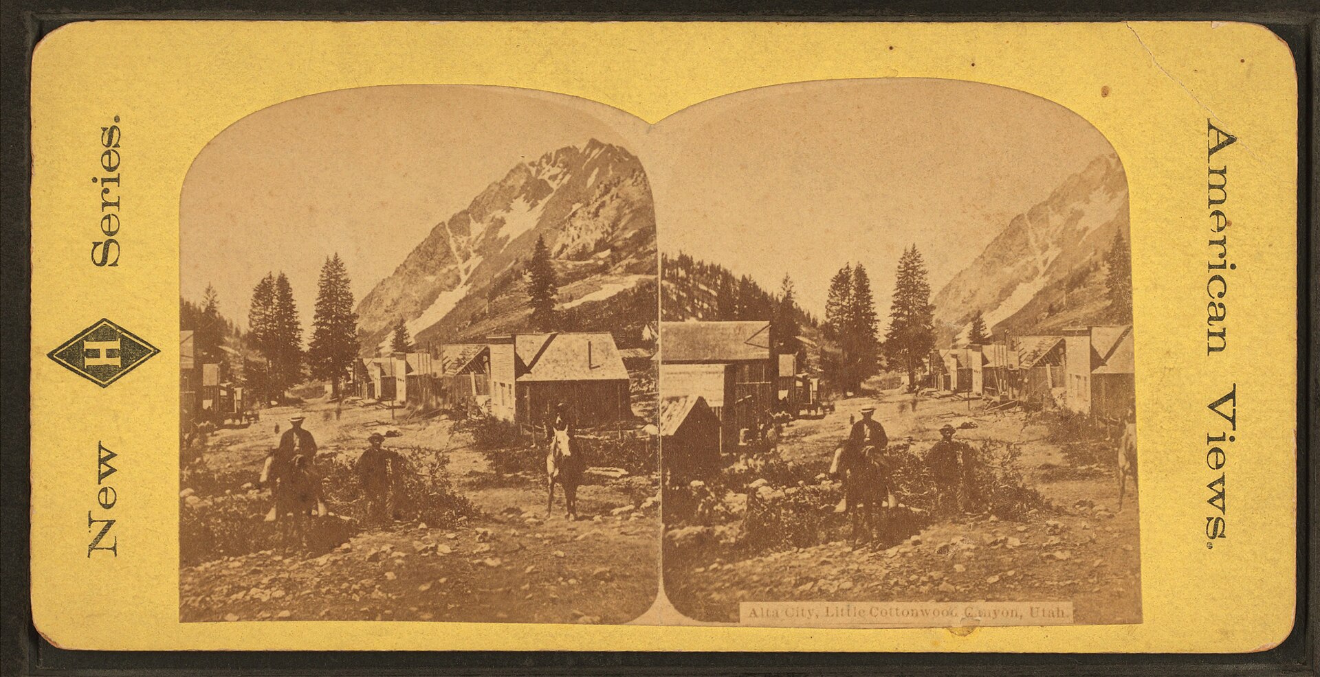 Stereoscopic photograph of Alta City mining camp in Little Cottonwood Canyon during the 1870s silver boom