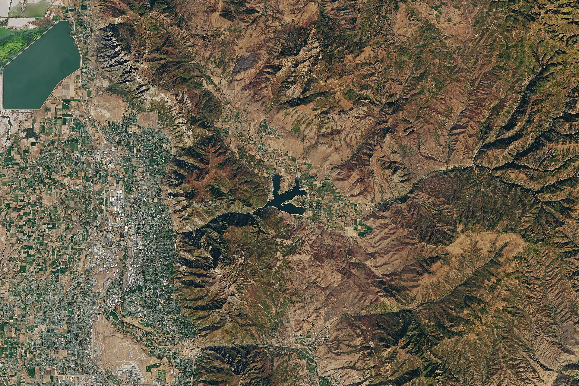 Landsat satellite image of autumn aspen color streaking the mountains east of Ogden