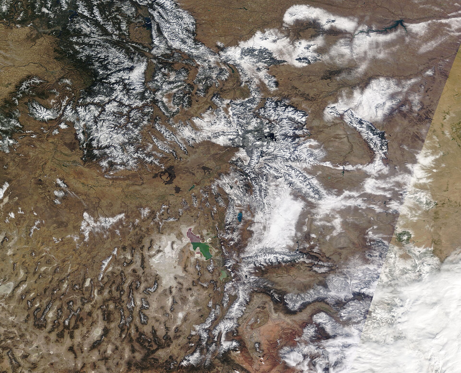 NASA MODIS satellite image showing fresh snow across the Mountain West after an early winter storm