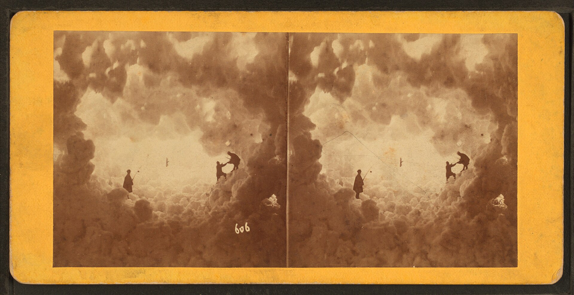 Stereoscopic photograph from 1868 of men beside a large snow cave in the Wasatch Range