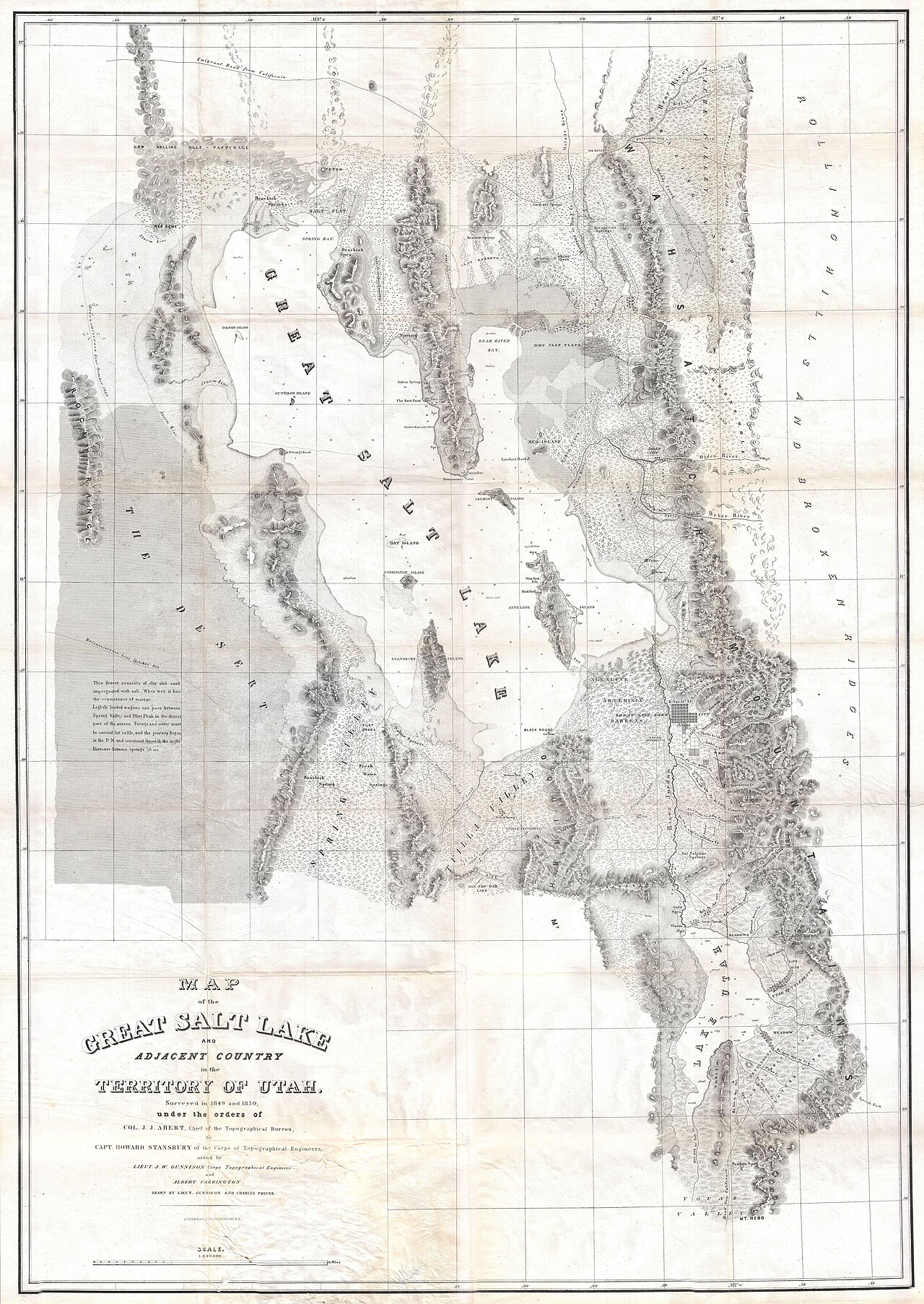 Hand-colored 1852 Stansbury expedition map of the Great Salt Lake and the Wasatch Mountains